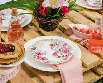 High angle view of tea served on table