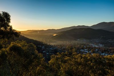 Scenic view of landscape against clear sky during sunset