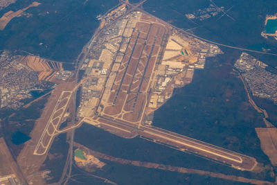 High angle view of road seen through airplane window