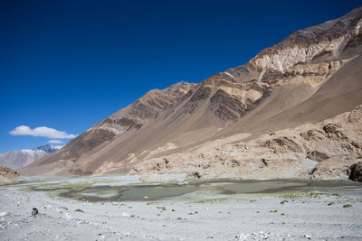 Scenic view of landscape and mountains against blue sky