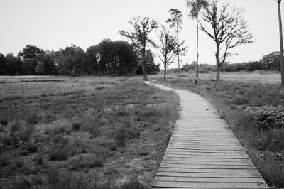 Empty footpath amidst field against sky