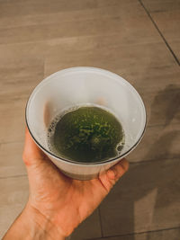 High angle view of person holding drink