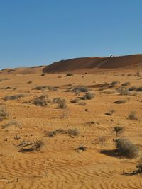 Scenic view of desert against clear blue sky