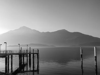 Scenic view of lake and mountains against clear sky