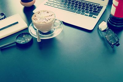 High angle view of drink on table