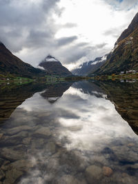 Scenic view of lake and mountains against sky