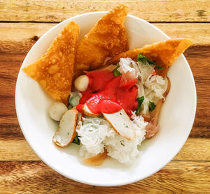 High angle view of breakfast served on table
