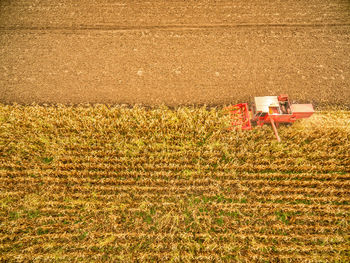 Scenic view of combine harvesting