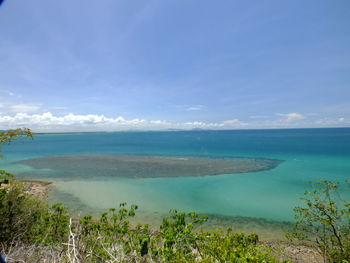 Scenic view of sea against blue sky