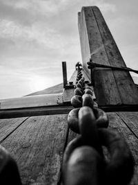Close-up of hand holding wood against sky