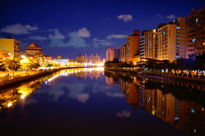 Illuminated buildings against sky at night