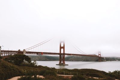 Suspension bridge over river in city