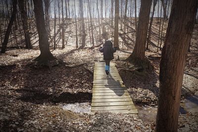 Rear view of woman standing on walkway amidst trees in forest