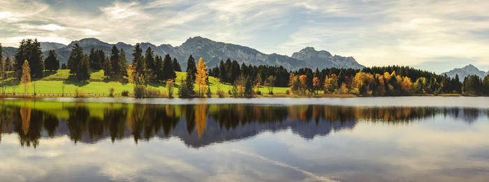 Scenic view of lake by trees against sky