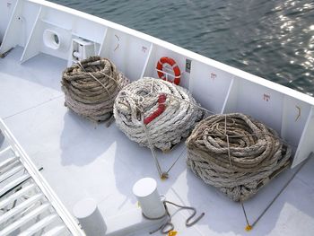 High angle view of ropes on fishing boats in sea