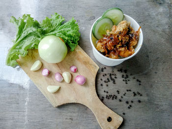 High angle view of chopped vegetables on cutting board