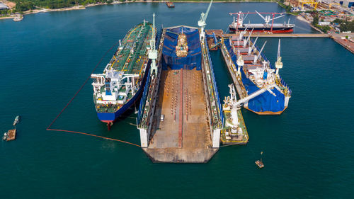 High angle view of ship yard industries moored in sea