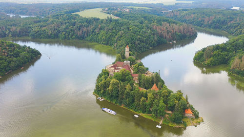 High angle view of lake amidst trees