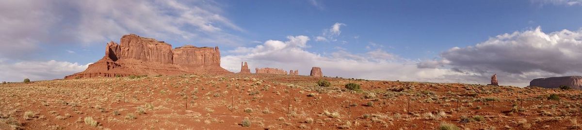 Panoramic view of red rock landscape against sky