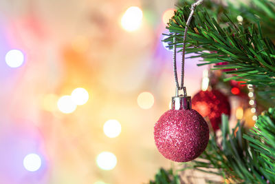 Close-up of christmas decorations hanging on tree