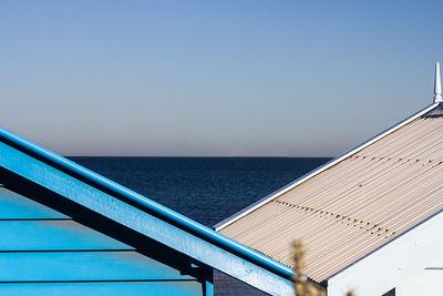 Scenic view of sea against clear blue sky and roof