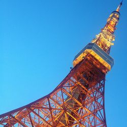 Low angle view of eiffel tower against clear blue sky