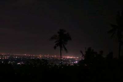Silhouette trees and illuminated city against sky at night