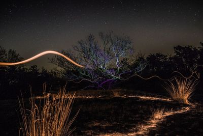 Light trails on landscape against sky at night