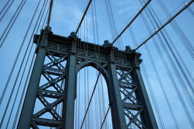 Low angle view of suspension bridge against sky