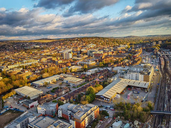 High angle shot of townscape against sky