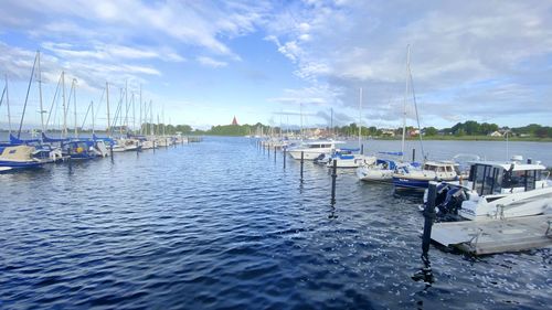 Sailboats moored in harbor