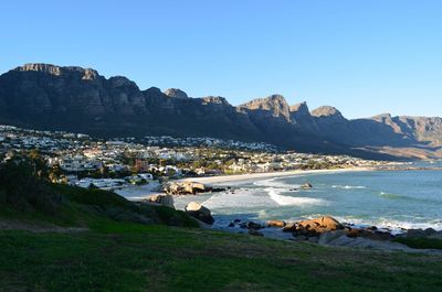 Scenic view of sea and buildings against clear sky