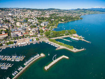 High angle view of buildings in city