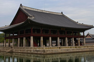 Lake by gyeongbokgung against sky