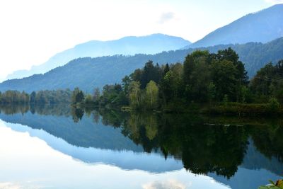 Scenic view of lake by trees against sky