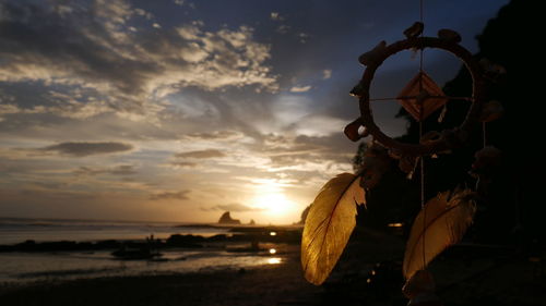 Close-up of beach against sky during sunset