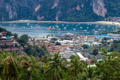 High angle view of city by sea