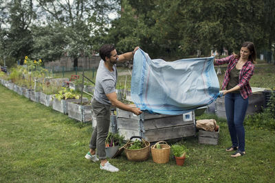 Full length of mid adult couple shaking tablecloth in vegetable garden