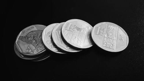 Close-up high angle view of coins