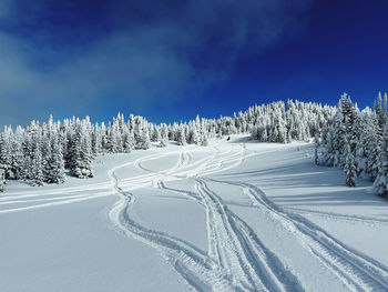 Snow covered landscape against sky