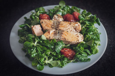 High angle view of salad in plate on table