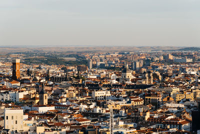 Madrid city centre aerial panoramic view at sunset.