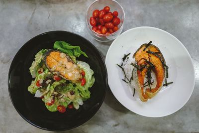 High angle view of meal served on table