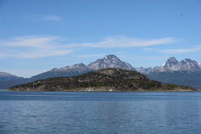 Scenic view of sea and mountains against sky