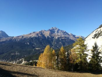 Scenic view of mountains against clear blue sky