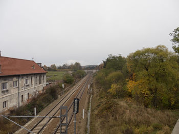 Railroad tracks amidst trees against sky