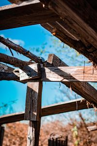 Low angle view of wood against sky