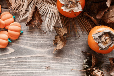 High angle view of pumpkins on table