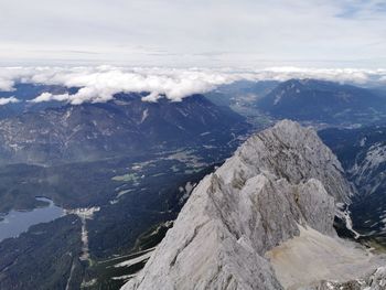 Aerial view of landscape and mountains against sky