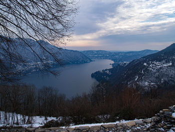 Scenic view of lake and mountains against sky during winter